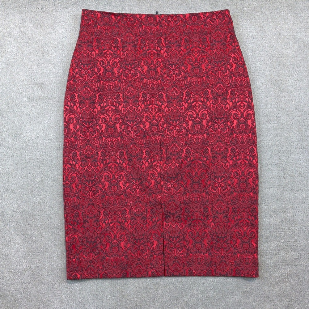 Worthington Pencil Skirt 12 Womens Red Black Damask Jacquard Gothic Pencil Skirt